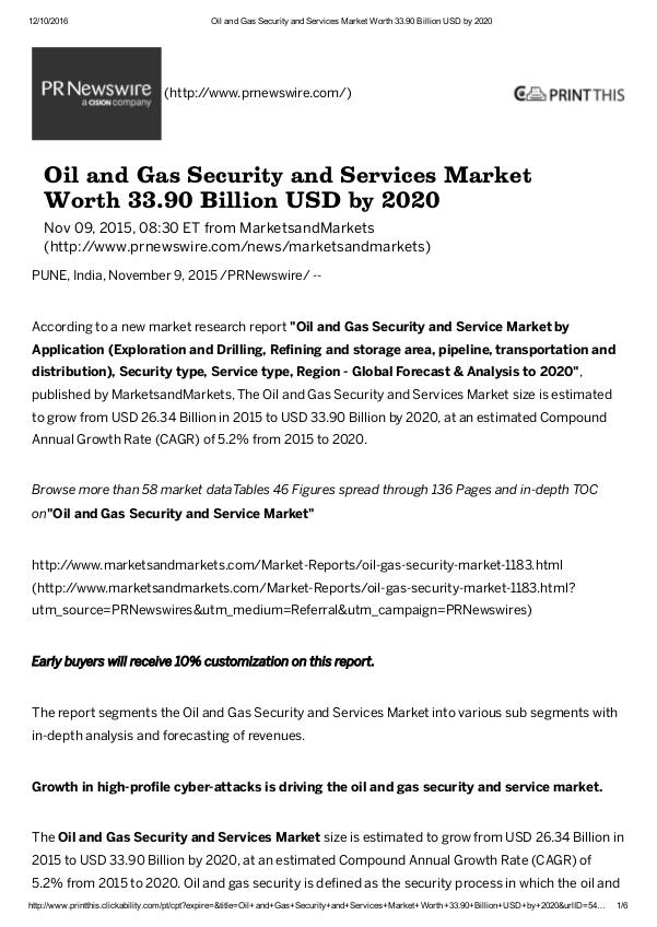 Oil and Gas Security Market worth $ 33.90 Billion by 2020 Oil and Gas Security and Services Market