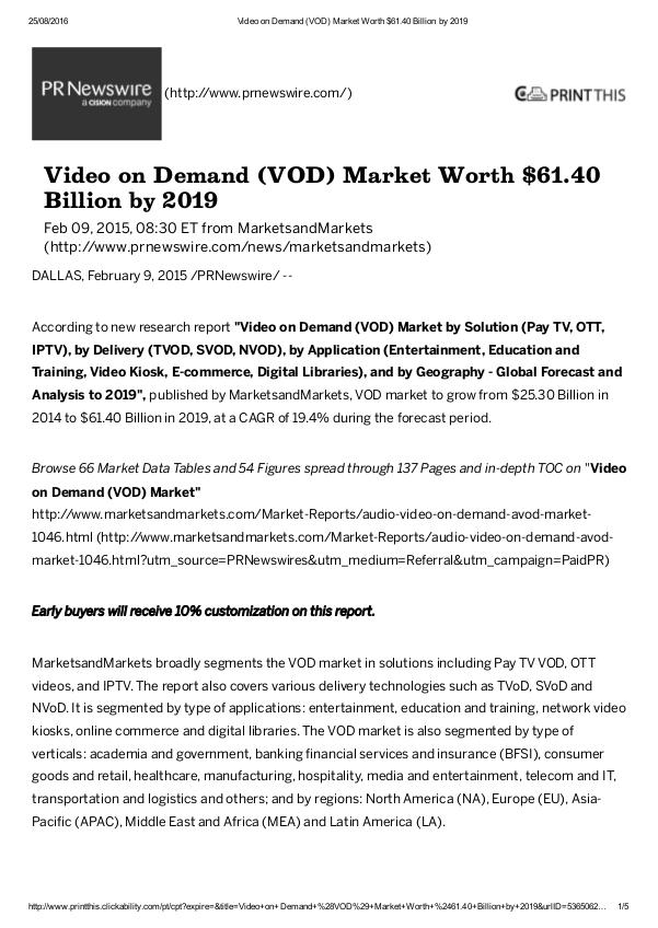 Video on Demand industry to grow $61.40 Billion by 2019 Video on Demand