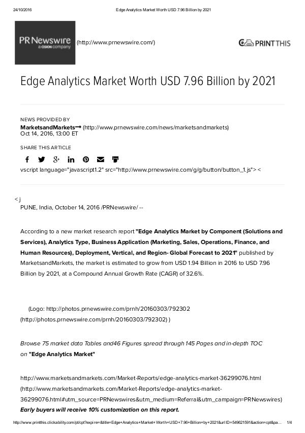 Edge Analytics Market worth 7.96 Billion USD by 2021 Edge Analytics Market