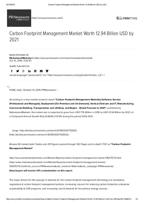 Carbon Footprint Management Market worth 12.94 Billion USD by 2021 Carbon Footprint Management Market