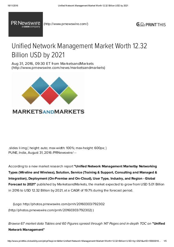 Unified Network Management Market worth $ 12.32 Billion by 2021 Unified Network Management Market