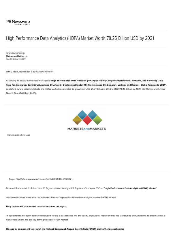 High Performance Data Analytics Market worth 78.26 Billion USD by 202 High Performance Data Analytics Market