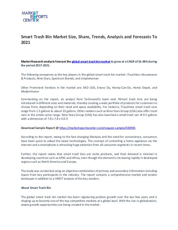 Smart Trash Bin Market Growth, Trends, Price and Forecasts To 2021 Smart Trash Bin Market