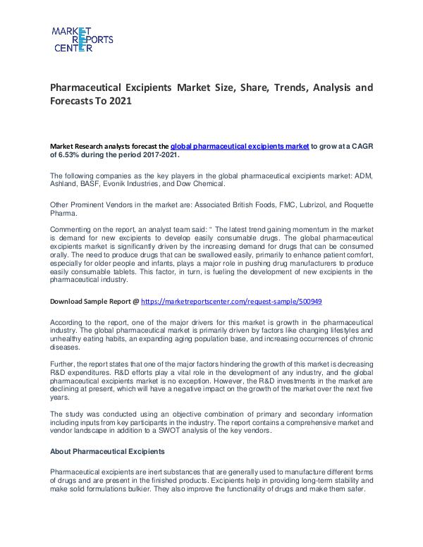 Pharmaceutical Excipients Market Trends To 2021 Pharmaceutical Excipients Market