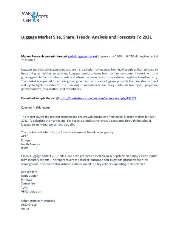Luggage Market Size, Share, Trends, Analysis and Forecasts To 2021 Luggage Market