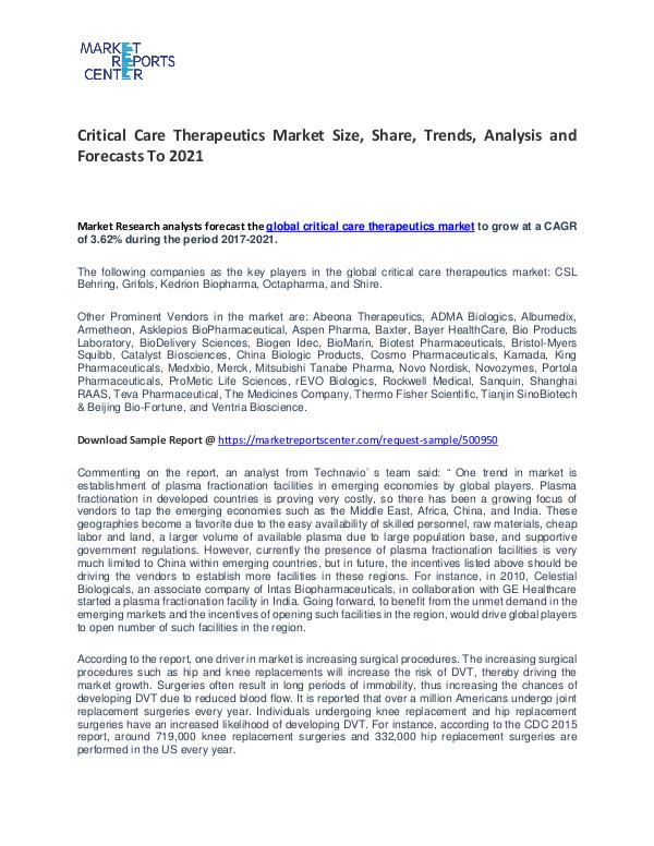 Critical Care Therapeutics Market Trends To 2021 Critical Care Therapeutics Market