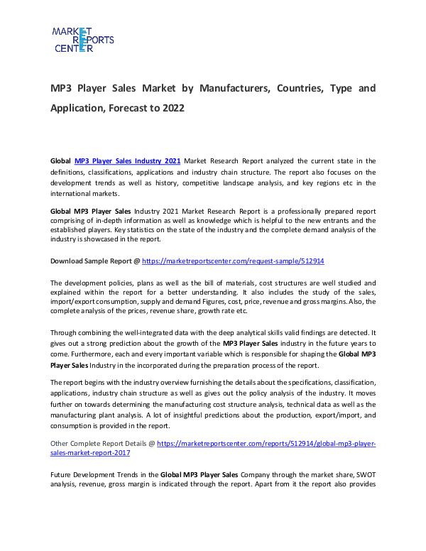 MP3 Player Sales Market Type, Growth, Demand, Price and Revenue 2017 MP3 Player Sales Market