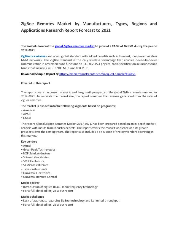 ZigBee Remotes Market Report Analysis to 2021 ZigBee Remotes Market