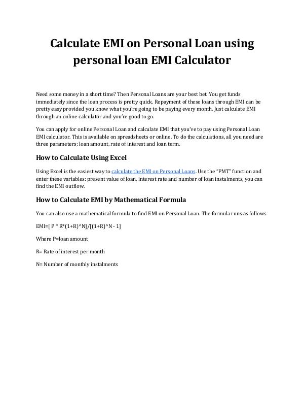 Calculate EMI on Personal Loan Using Personal Loan EMI Calculator Calculate EMI on Personal Loan using personal loan