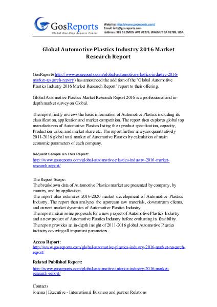 Global Automotive Plastics Industry 2016 Market Research Report Automotive Plastics Market