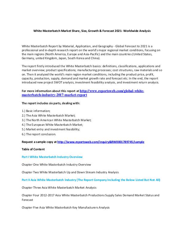 Reportsweb White Masterbatch Market Global Analysis and 2021