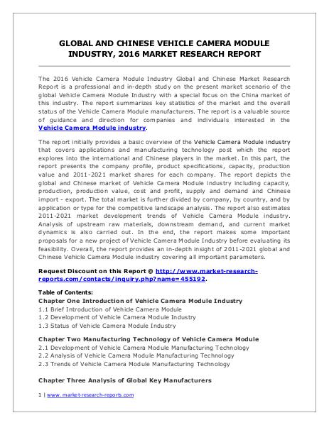 Vehicle Camera Module Industry Current Market Dynamics Forecasts 2021 Market Research Report