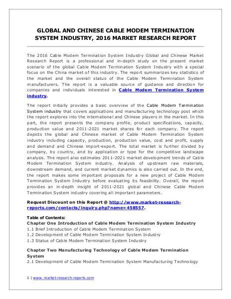 Cable Modem Termination System Market Analysis and Forecasts 2021 Jun. 2016