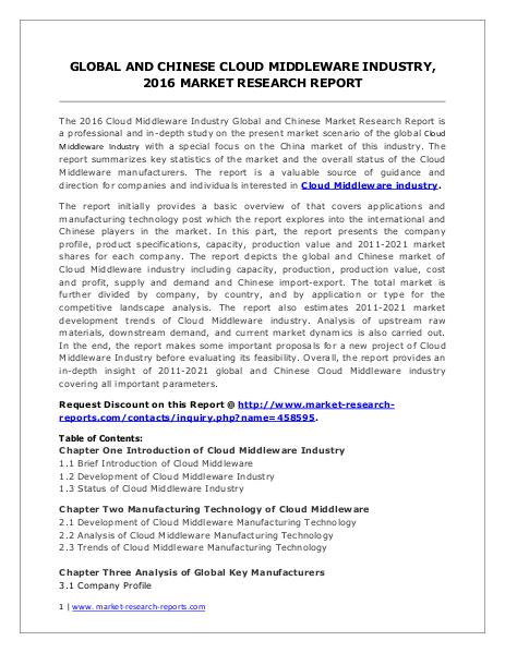 Cloud Middleware Market Analysis and Industry Share Forecasts to 2021 June. 2016