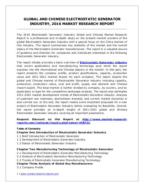 Electrostatic Generator Market Shares, Analysis and Forecasts to 2021 Jun. 2016