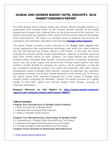 Budget Hotel Market Revenue and Growth Rate Forecasts to 2021 Jun. 2016
