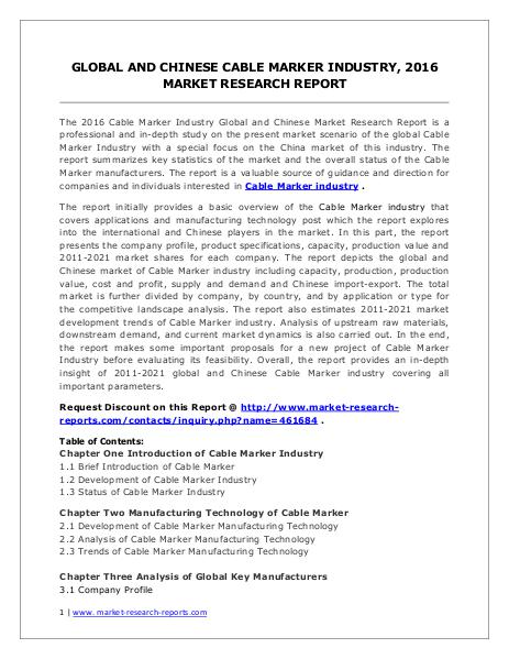 Cable Marker Market Development Trends and Industry Forecasts to 2016 Jul 2016