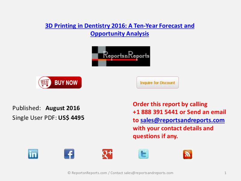 3D Printing in Dentistry Market Forecasts for Next 10 Year 2016Report August 2016