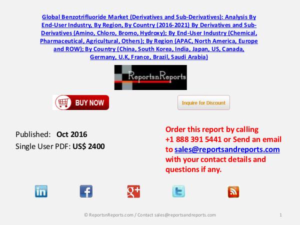 Benzotrifluoride Market Forecast to Grow at 4.30% CAGR by 2021 Oct 2016