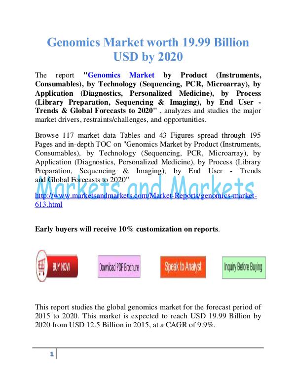 Genomics Market worth 19.99 Billion USD by 2020 Genomics Market worth 19.99 Billion USD by 2020