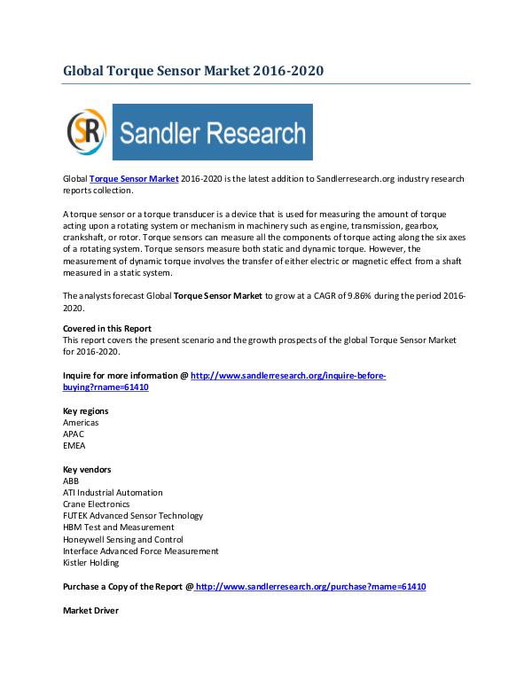 Torque Sensor Market Global Research Analysis to 2020 Sep-2016