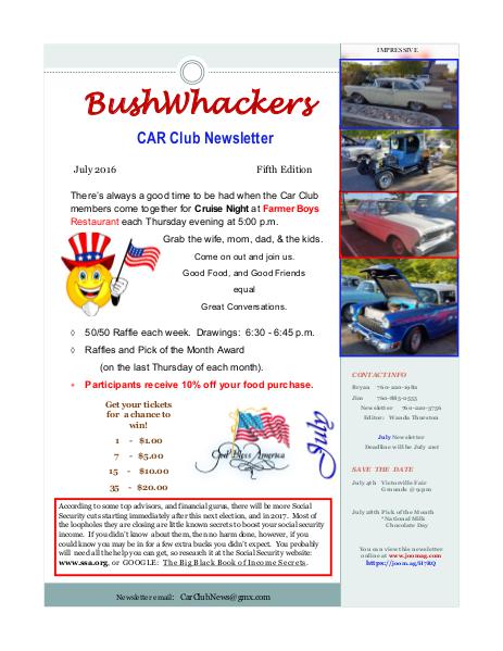 BushWhackers Car Club Newsletter July 2016  Volume One