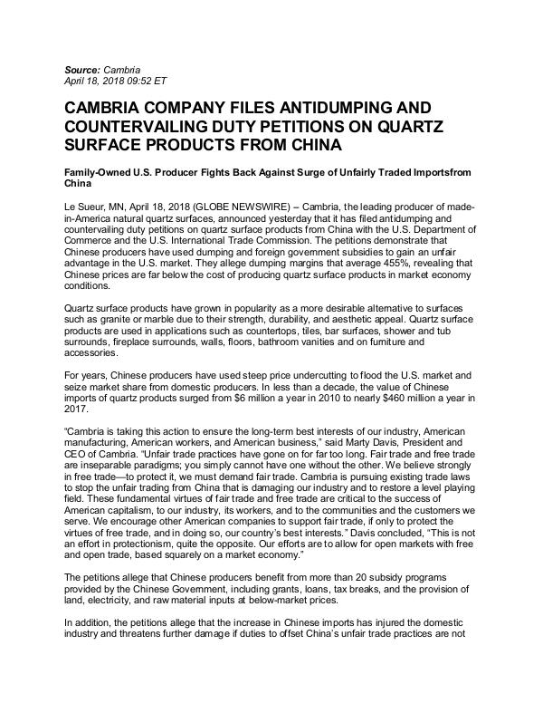 USITC Filing Chinese Quartz Imports Cambria Press Release of April 18, 2018
