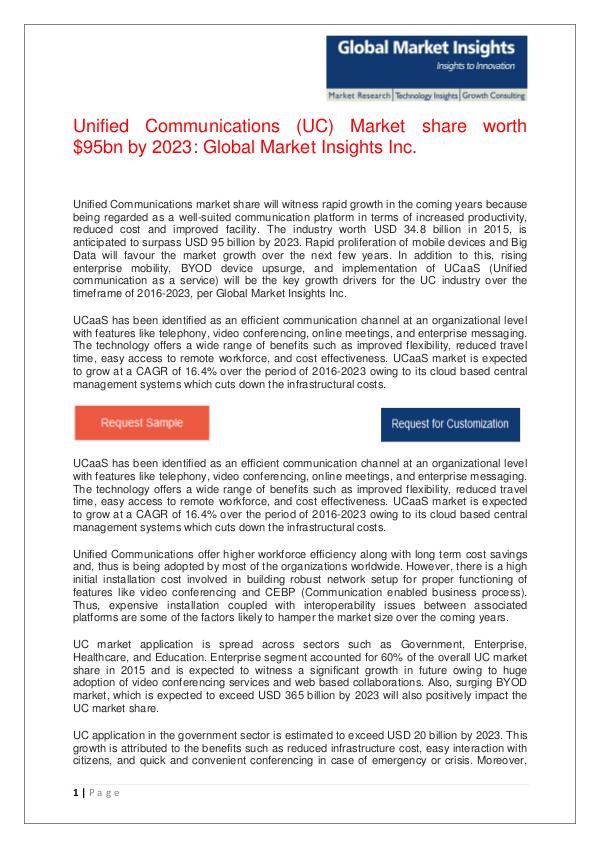 Unified Communications (UC) Market share worth $95bn by 2023 Unified Communications (UC) Market share revenue