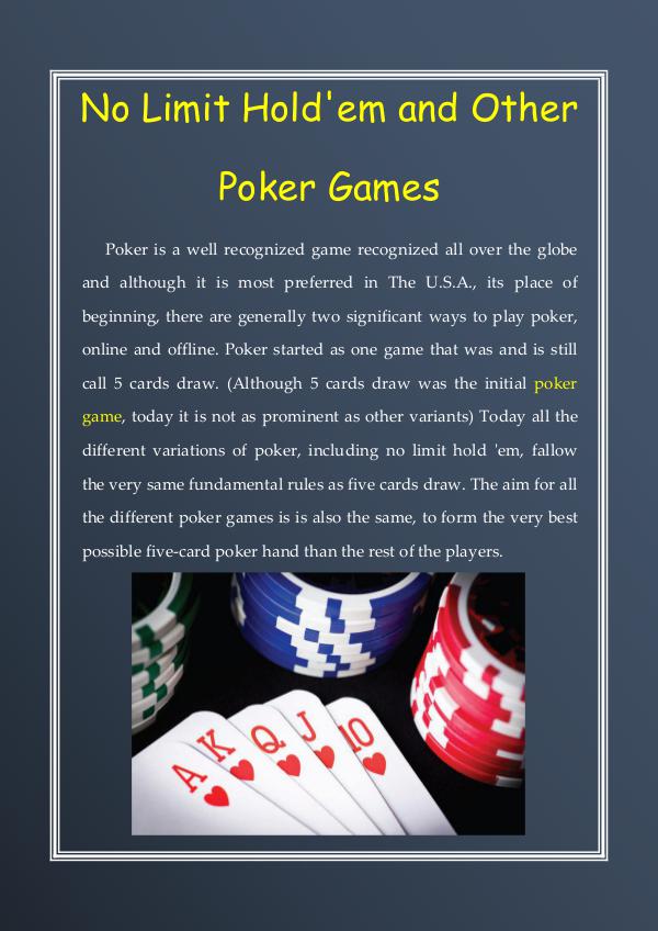 No Limit Hold'em and Other Poker Games No Limit Hold'em and Other Poker Games