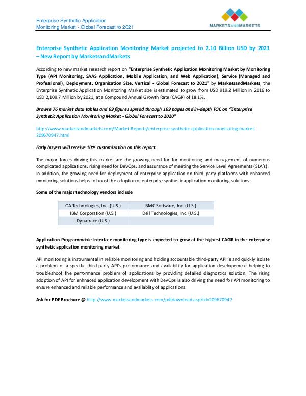 Enterprise Synthetic Application Monitoring - Global Forecast to 2021 Enterprise Synthetic Application Monitoring Market