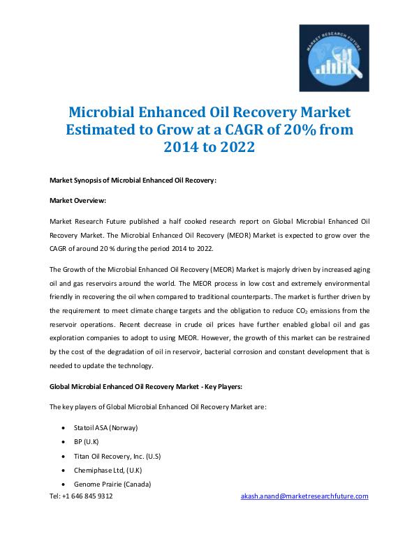 Market Research Future - Premium Research Reports Microbial Enhanced Oil Recovery Market 2014-2022
