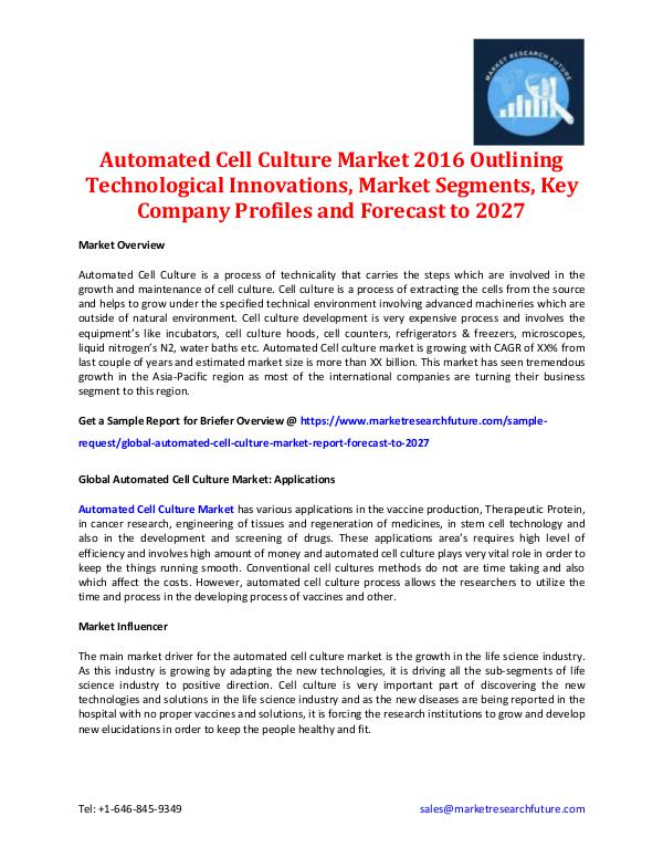 Market Research Future - Premium Research Reports Automated Cell Culture Market - Forecast to 2027