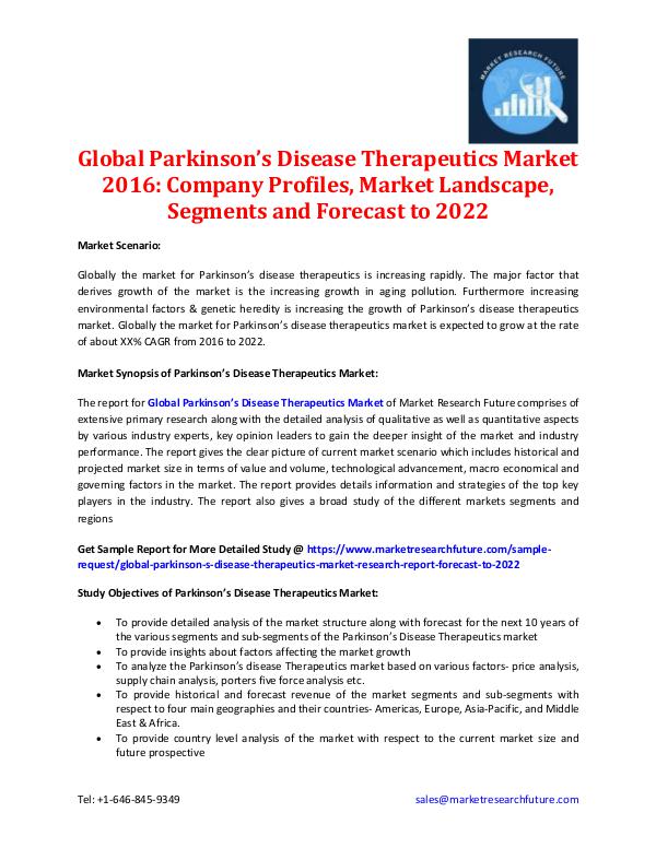 Market Research Future - Premium Research Reports Parkinson’s Disease Therapeutics Market  - 2022