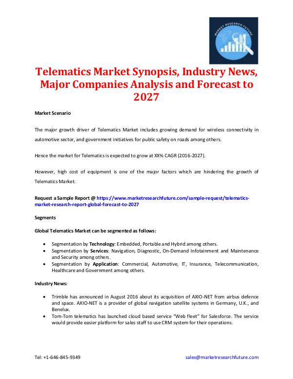 Telematics Market Synopsis & Forecast to 2027