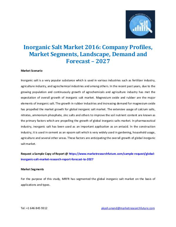 Market Research Future - Premium Research Reports Inorganic Salt Market Share Analysis 2016-2027