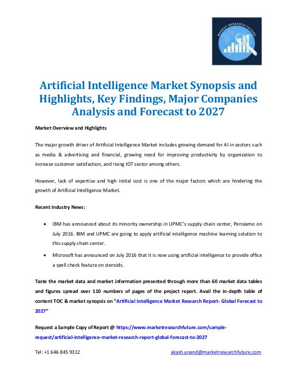 Market Research Future - Premium Research Reports Artificial Intelligence Market Synopsis 2027