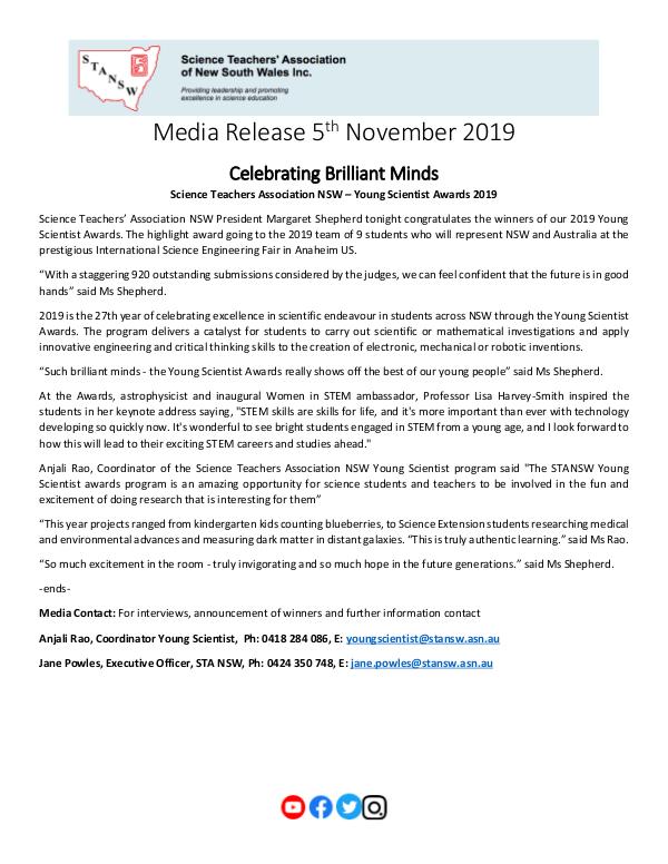 2019 STANSW Young Scientist Media Release - 5th Nov 2019 11 05_YS 2019 Media Release_Pg1_