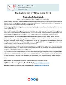 2019 STANSW Young Scientist Media Release - 5th Nov