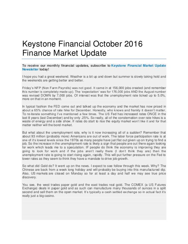 Keystone Financial October 2016 Finance Market Upd