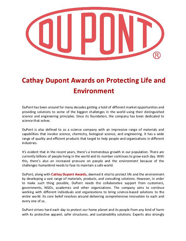 Cathay Dupont Award on Protecting Life and Environment Cathay Dupont on Protecting Life and Environment