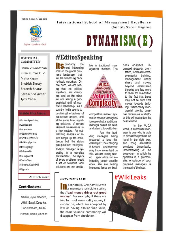 DYNAMISM(E) - ISME Student Quarterly This issue talks about management education, fitne