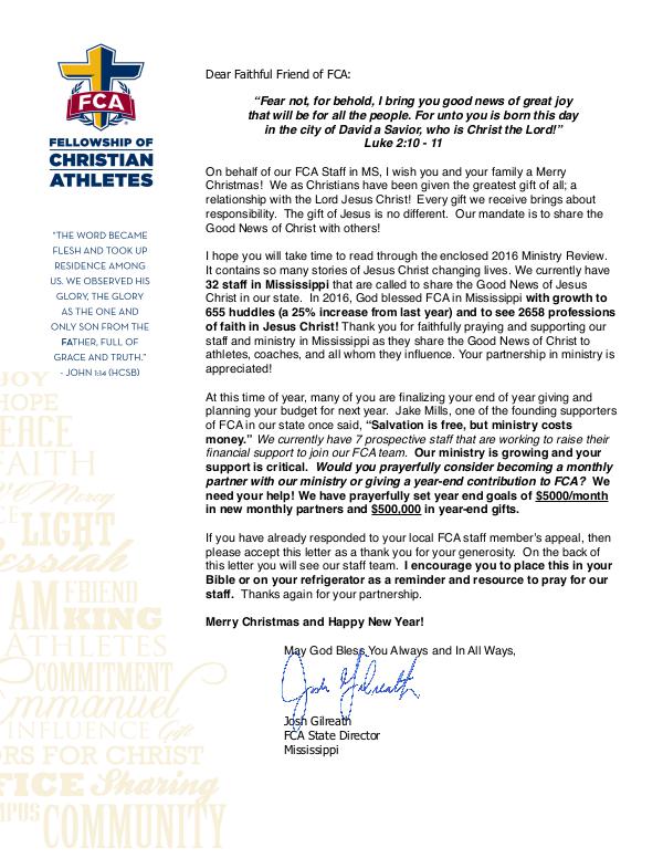 2016 Mississippi FCA Ministry Update Thank You Letter