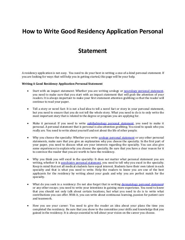 Writing a Good Residency Application Personal Statement Writing a Good Residency Application Personal Stat