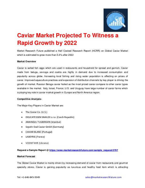Market Research Future (Food and Beverages) Caviar Market outlook 2016-2022 explored in latest