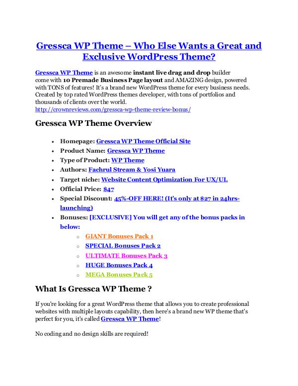 Gressca WP Theme Review-(FREE) $32,000 Bonus & Discount