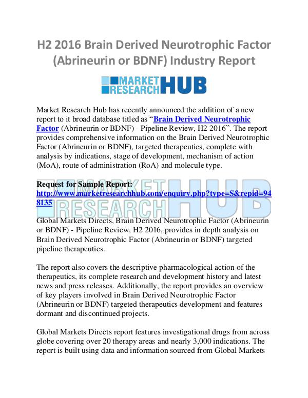 Market Research Report H2 Brain Derived Neurotrophic Factor Market Report