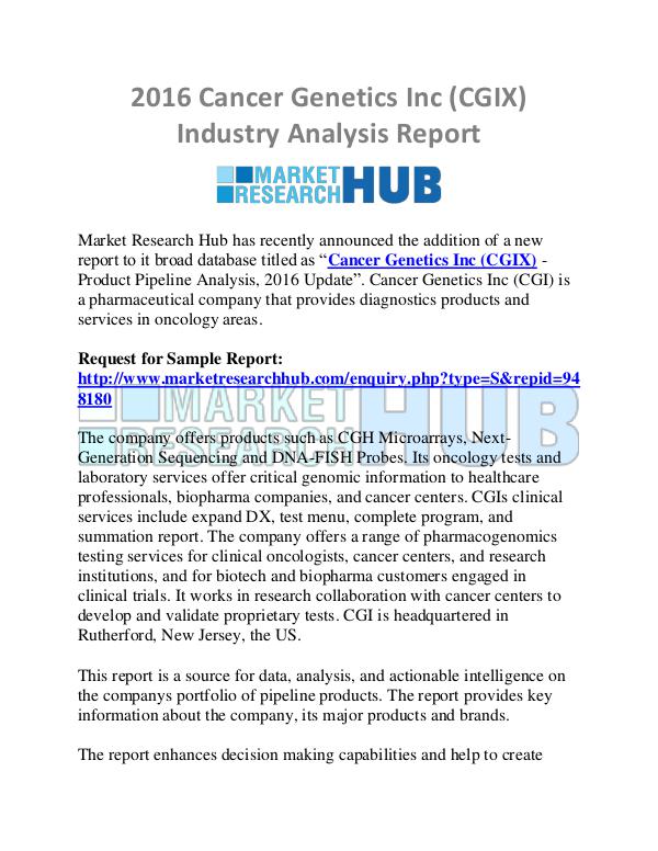 Market Research Report 2016 Cancer Genetics Inc (CGIX) Industry Analysis