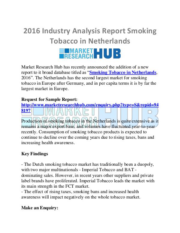 Market Research Report 2016 Industry Analysis Report of Smoking Tobacco