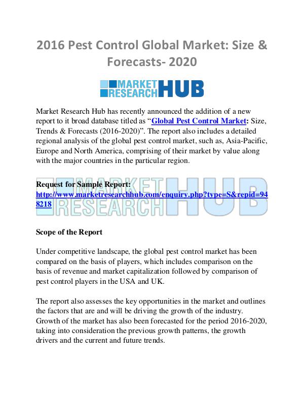Market Research Report Pest Control Global Market: Size & Forecasts- 2020