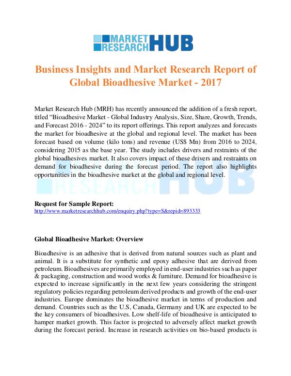 Market Research Report Global Bioadhesive Market Report 2017